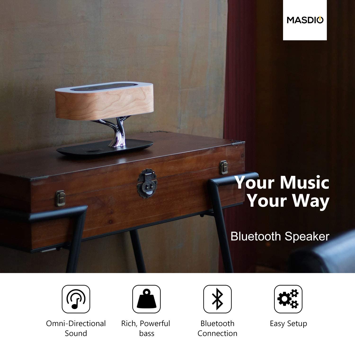 Bedside Lamp with Bluetooth Speaker and Wireless Charger.