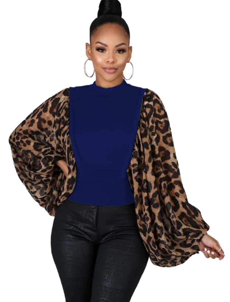 Sexy Tight Basic Top with Leopard Pop Sleeves