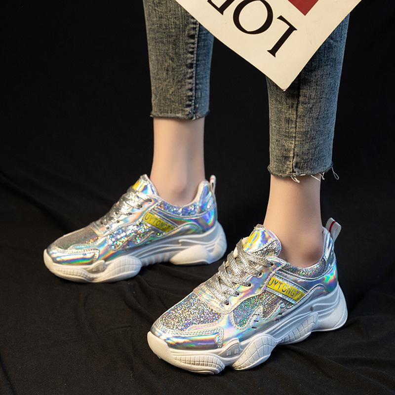 Women Casual Laser Bright Sequins Increase Thick-Soled Sneakers
