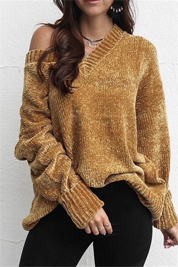 Casual Pure Color Joker V-Neck Chenille Knitting Sweater