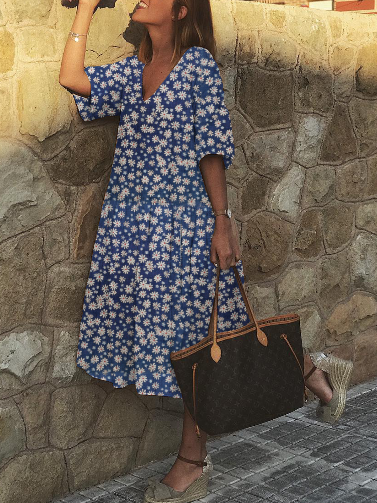 Plus size V Neck Short Sleeve Floral Dresses