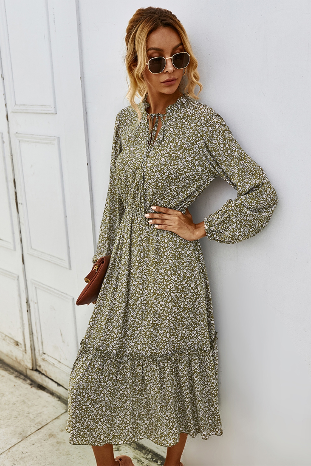Fall Long Sleeve O Neck Dot Long Dress