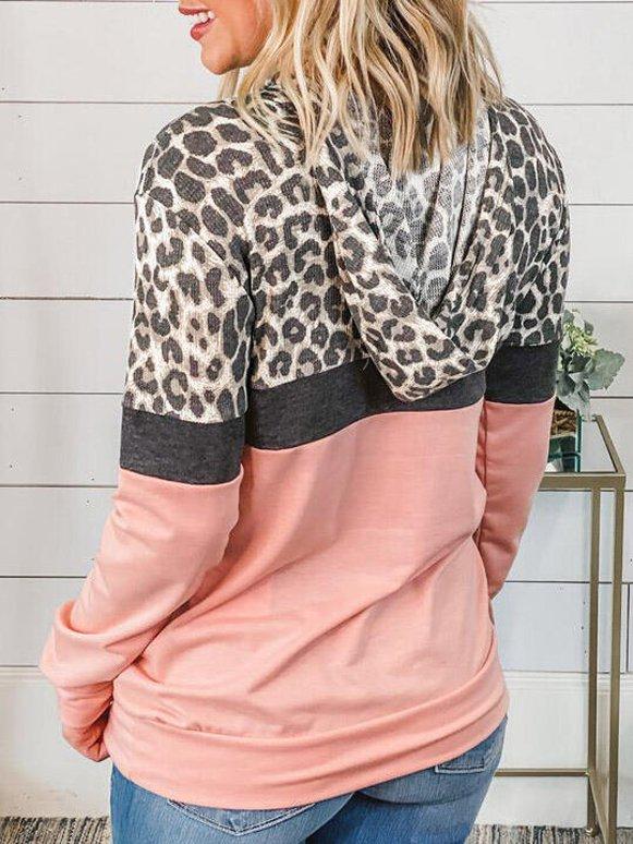 Color Block Leopard Splicing Kangaroo Pocket Hoodie