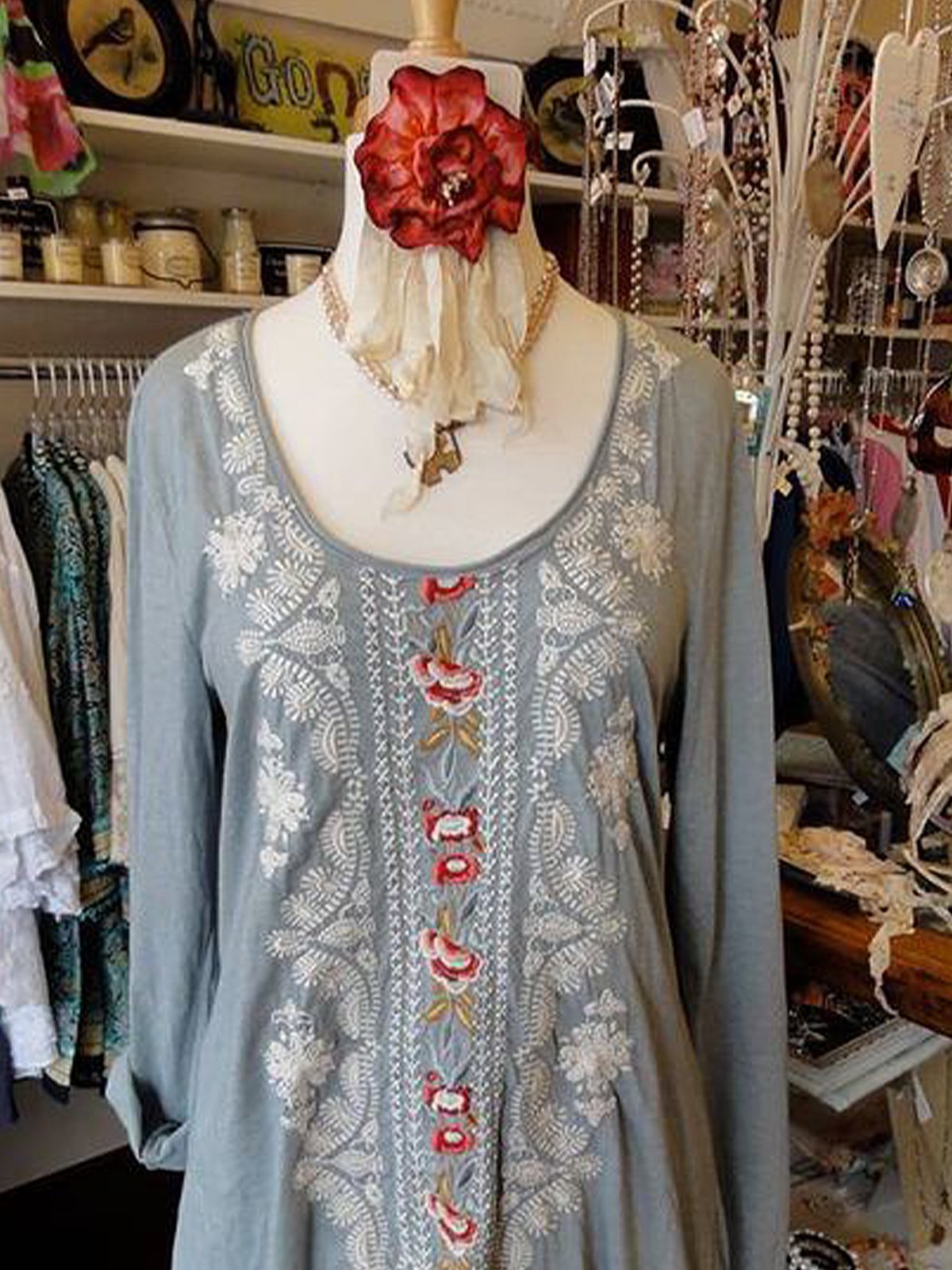 Shift Scoop Neckline Long Sleeve Floral Shirts & Tops