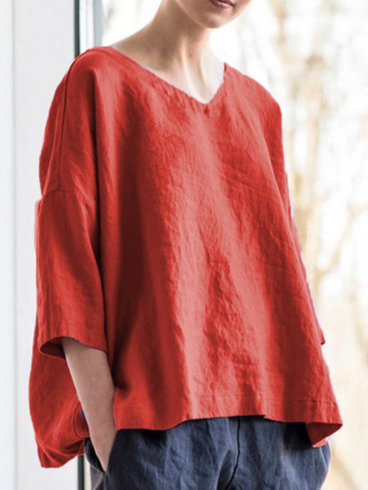 Women Casual Tops V Neck Asymmetrical Long Sleeve Cotton Shirts
