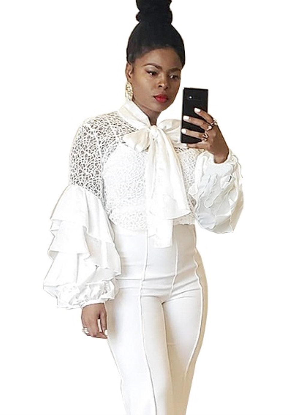 White Hollow Out Tied Blouse with Wide Sleeves