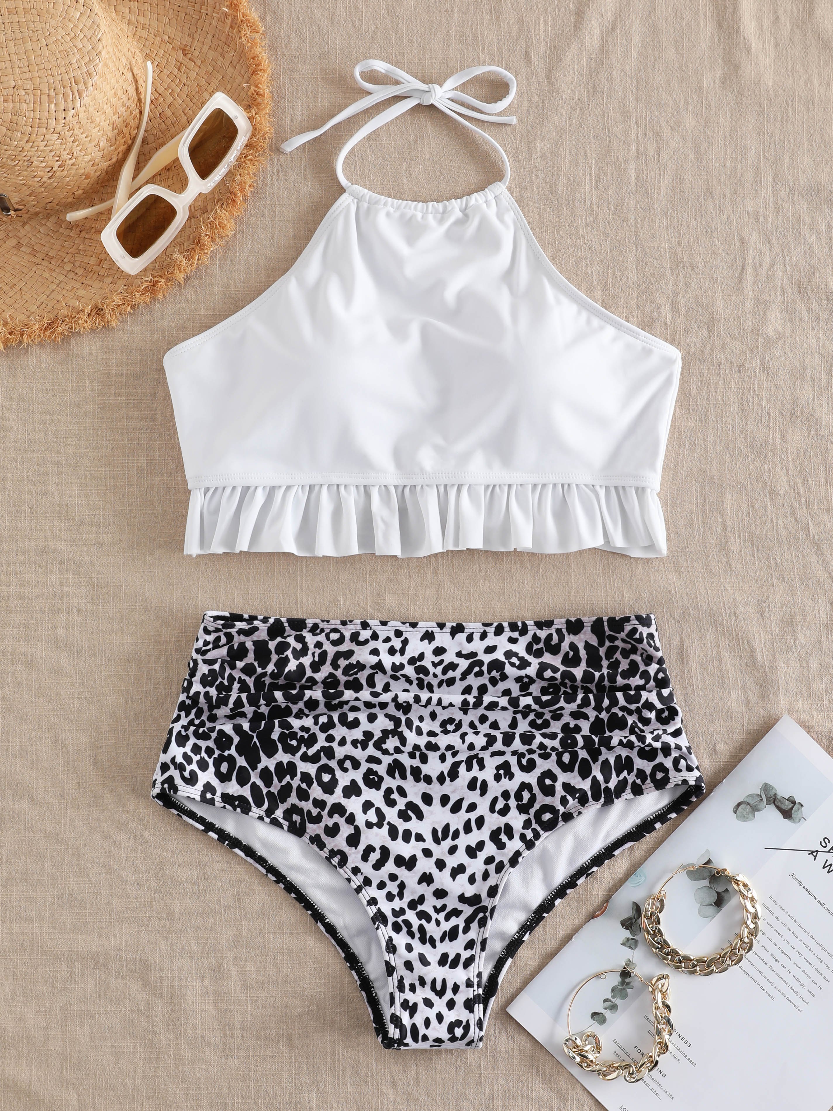 Leopard Print Halter Ruffle Hem Bikini