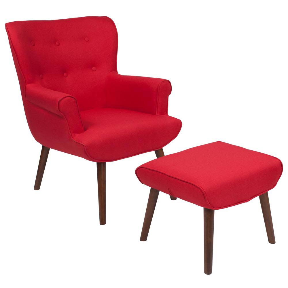 Alamont Upholstered Wingback Chair with Ottoman in Red Fabric