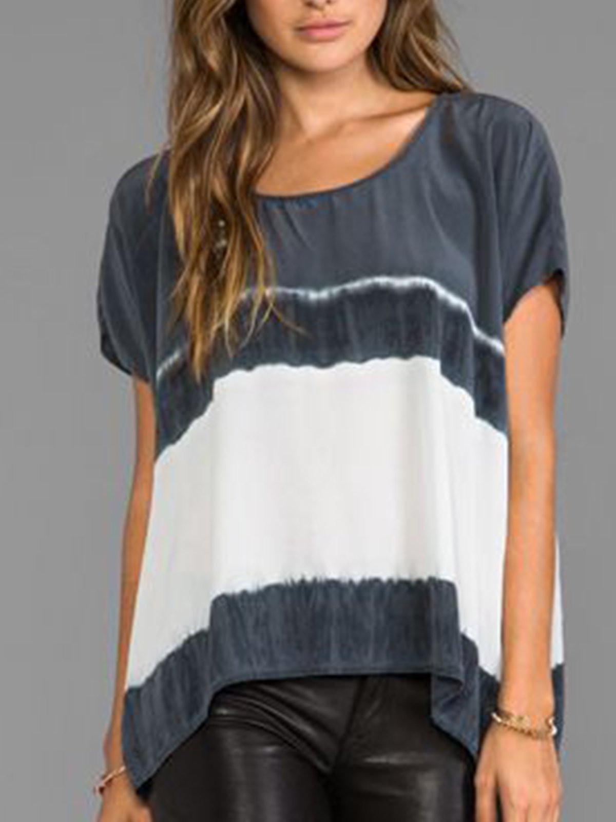 Gray Color-Block Short Sleeve Shirts & Tops