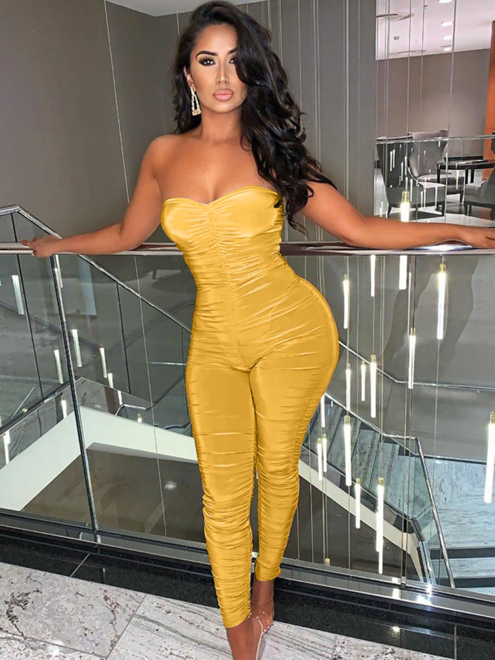 Plain Sexy Strapless Ruched Bodycon Jumpsuit