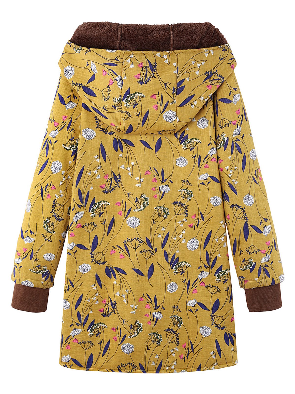 Vintage Floral-Print Hoodie Buttoned Long Sleeve Coat