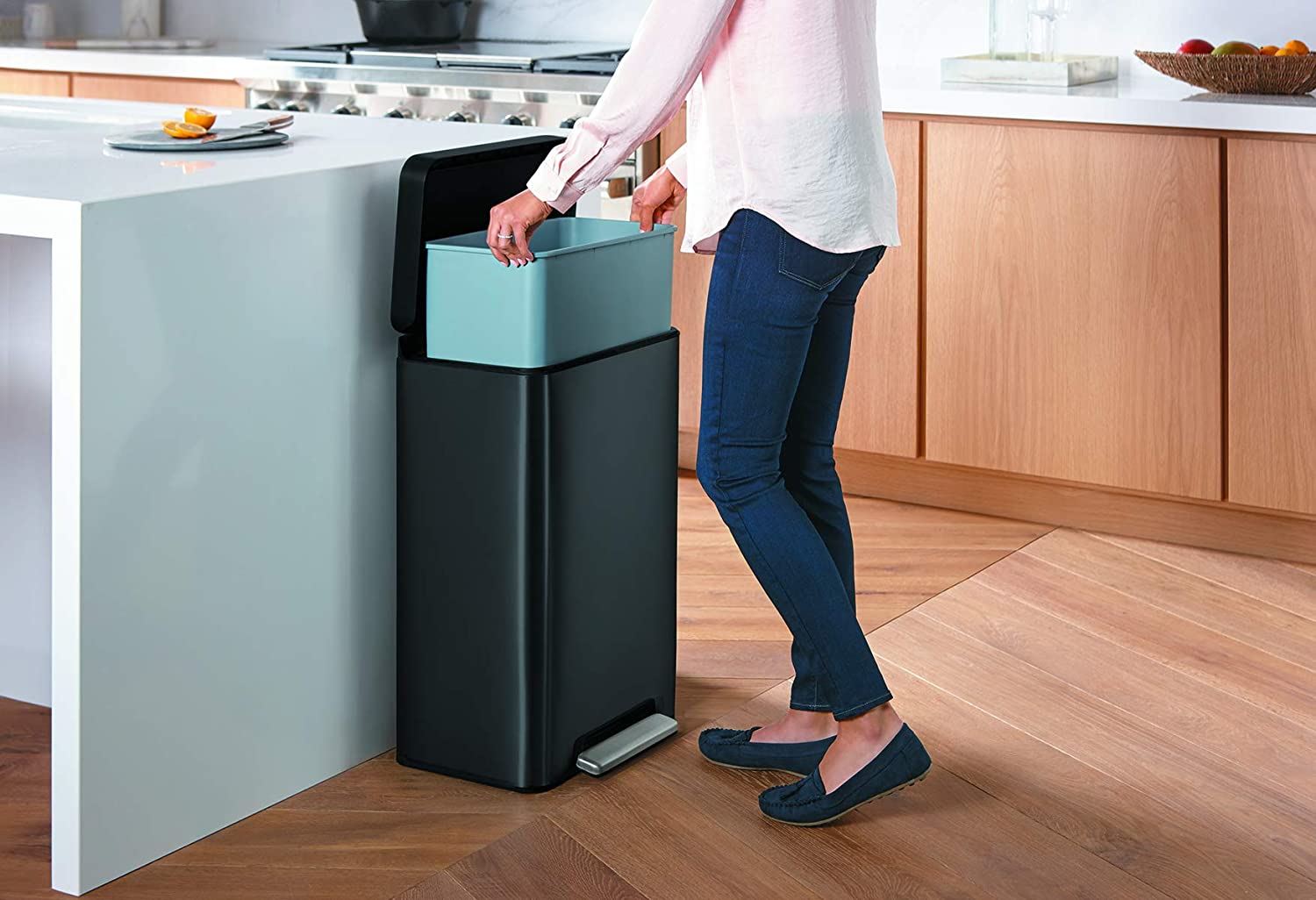 Kohler K-20956-BST Dual Compartment Step Trash Can, Liner, Black Stainless