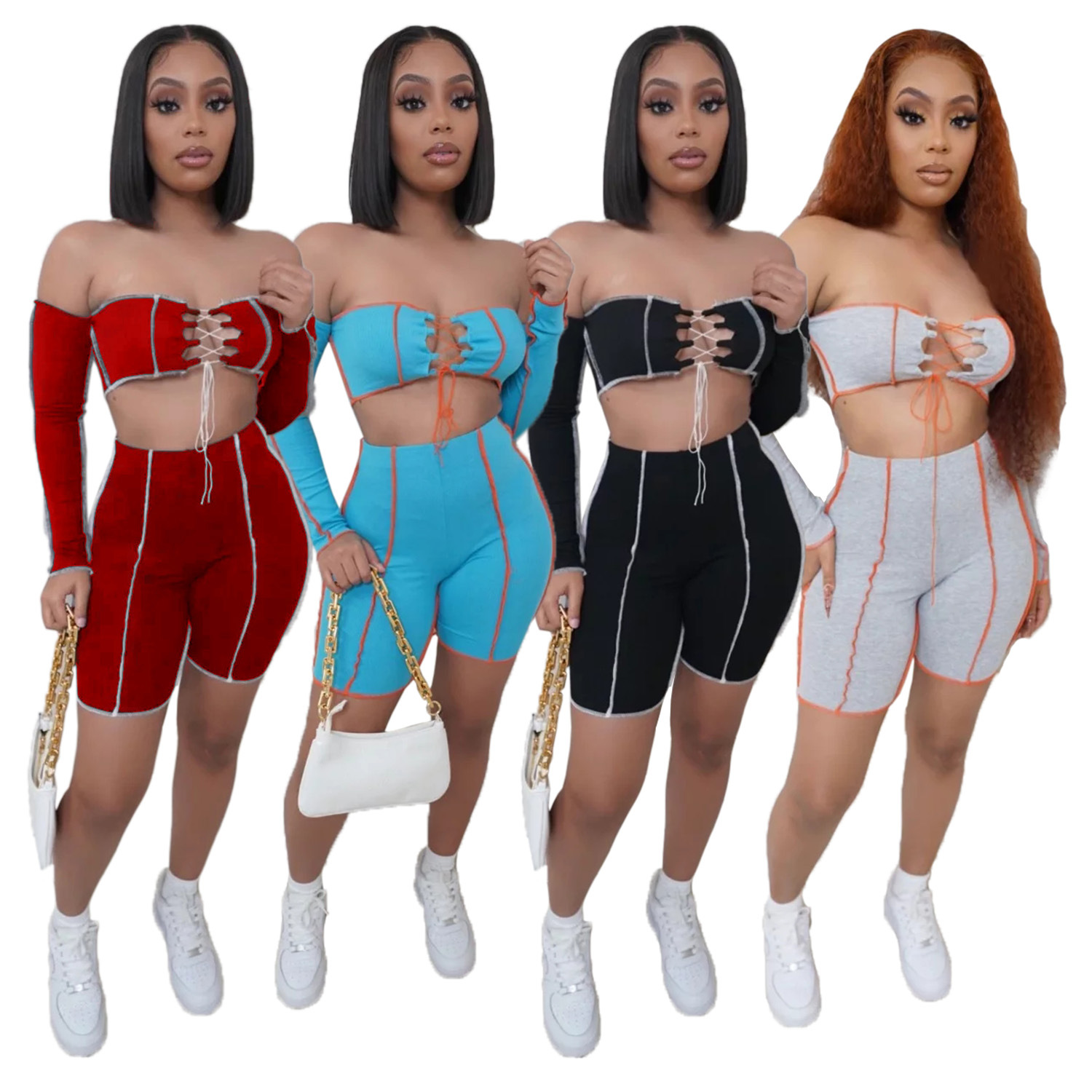 Fashion casual one-shoulder stitching bandage sexy slim two-piece suit JLX6891