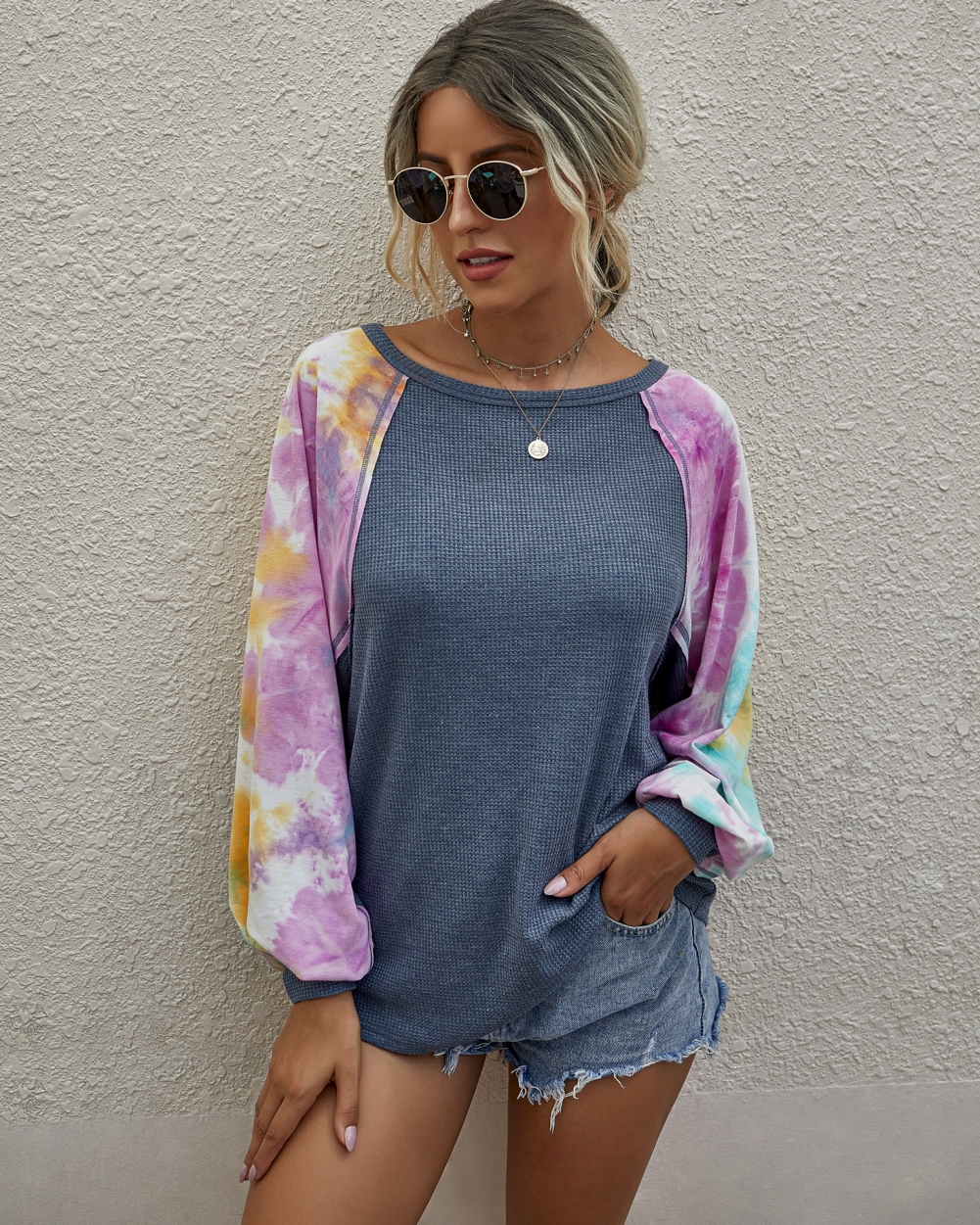 Autumn Tie Dye O Neck Shirt with Pop Sleeves