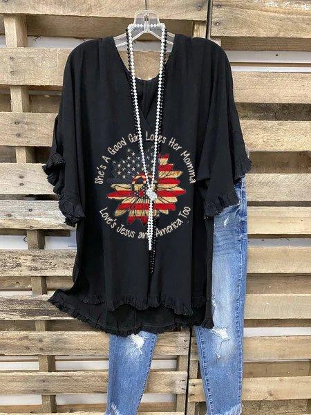 Short Sleeve V Neck Letter Cotton-Blend Shirts & Tops