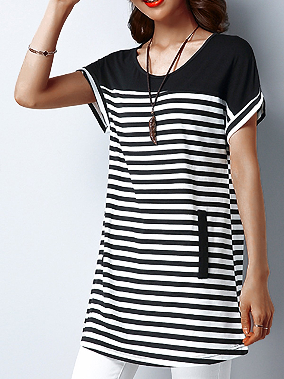 Plus Size Women Short  Sleeve  Round Neck  Striped  Casual  Tops