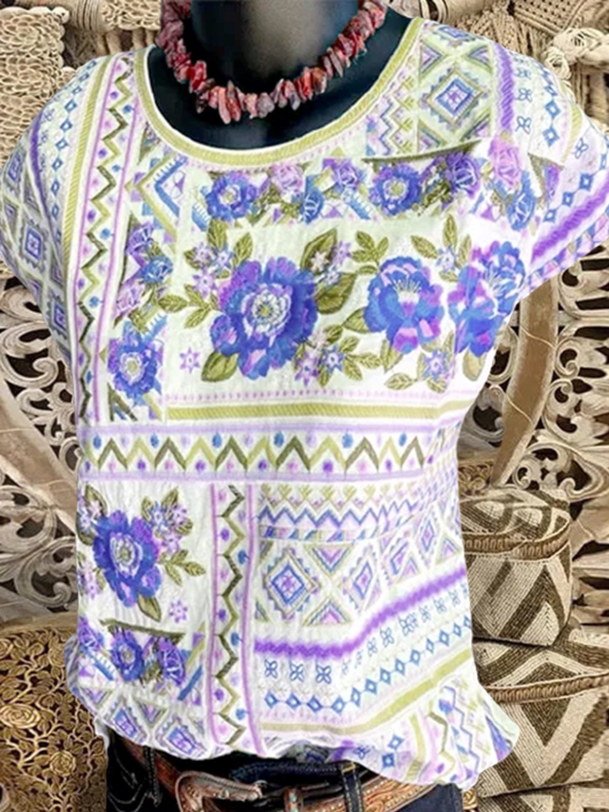 Geometric Flowers Casual Cotton-Blend Shirts & Tops