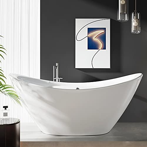 FerdY Boracay 67��� Acrylic Freestanding Bathtub, Gracefully Shaped Freestanding Soaking Bathtub, Glossy White, cUPC Certified, Toe-Tap Chrome Drain & Classic Slotted Overflow Included, 02503