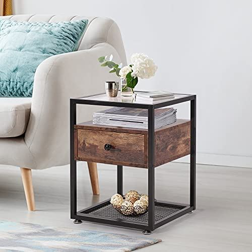VECELO Modern Nightstand with Tempered Glass Top Hold up to 66 Pounds/Set of 2