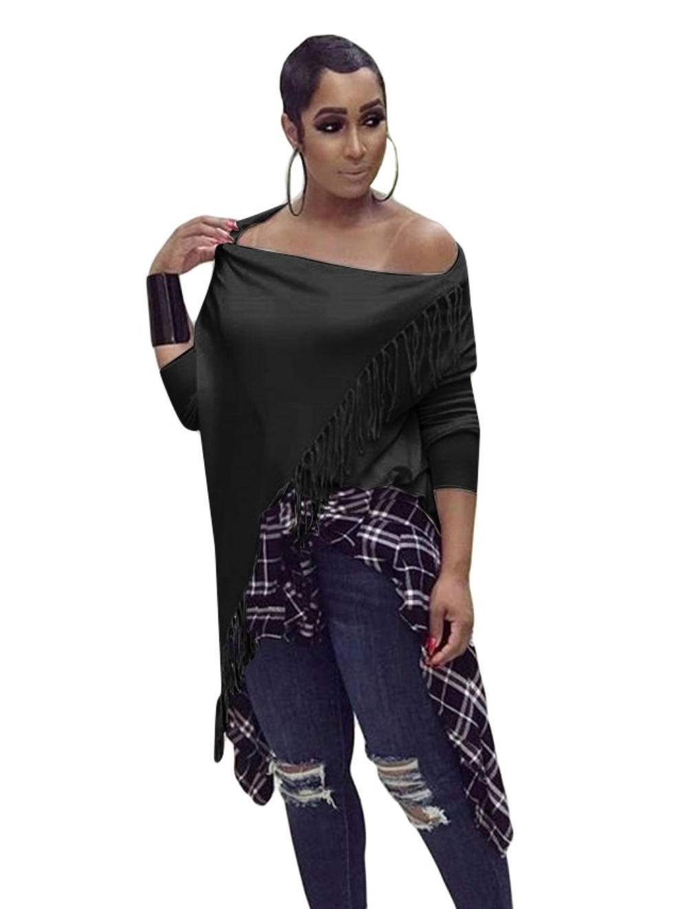 Black Bat Sleeving Fringe Wrap Top