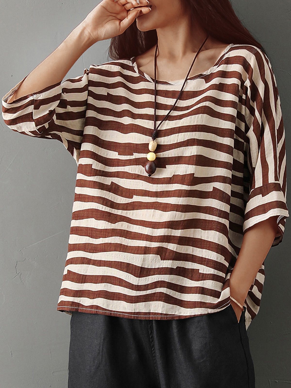 Plus Size Women Short Sleeves Round Neck Striped Floral Loose Casual Tops