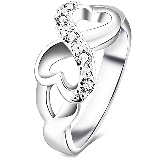 BOHG Jewelry Womens 925 Sterling Silver Plated Cubic Zirconia CZ Heart Infinity Symbol Wedding Ring