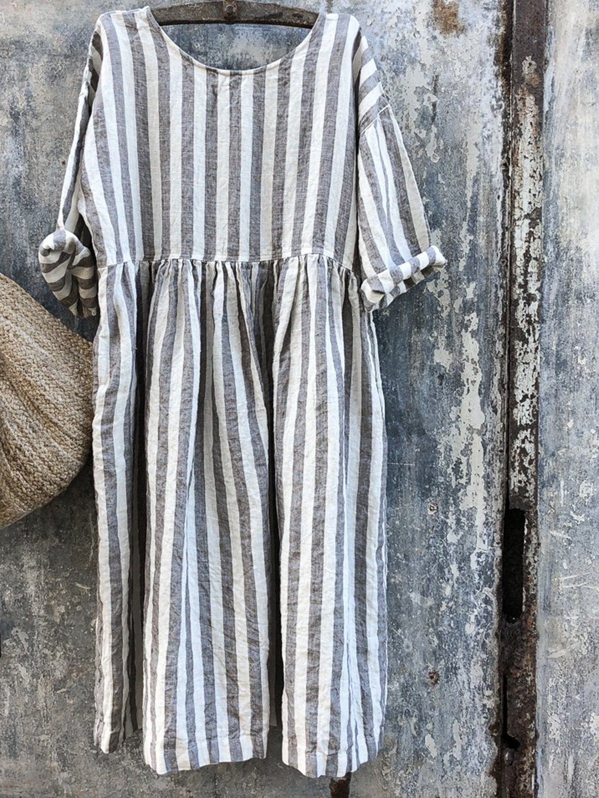 Women Gray/Blue and White Stripe Linen Dress
