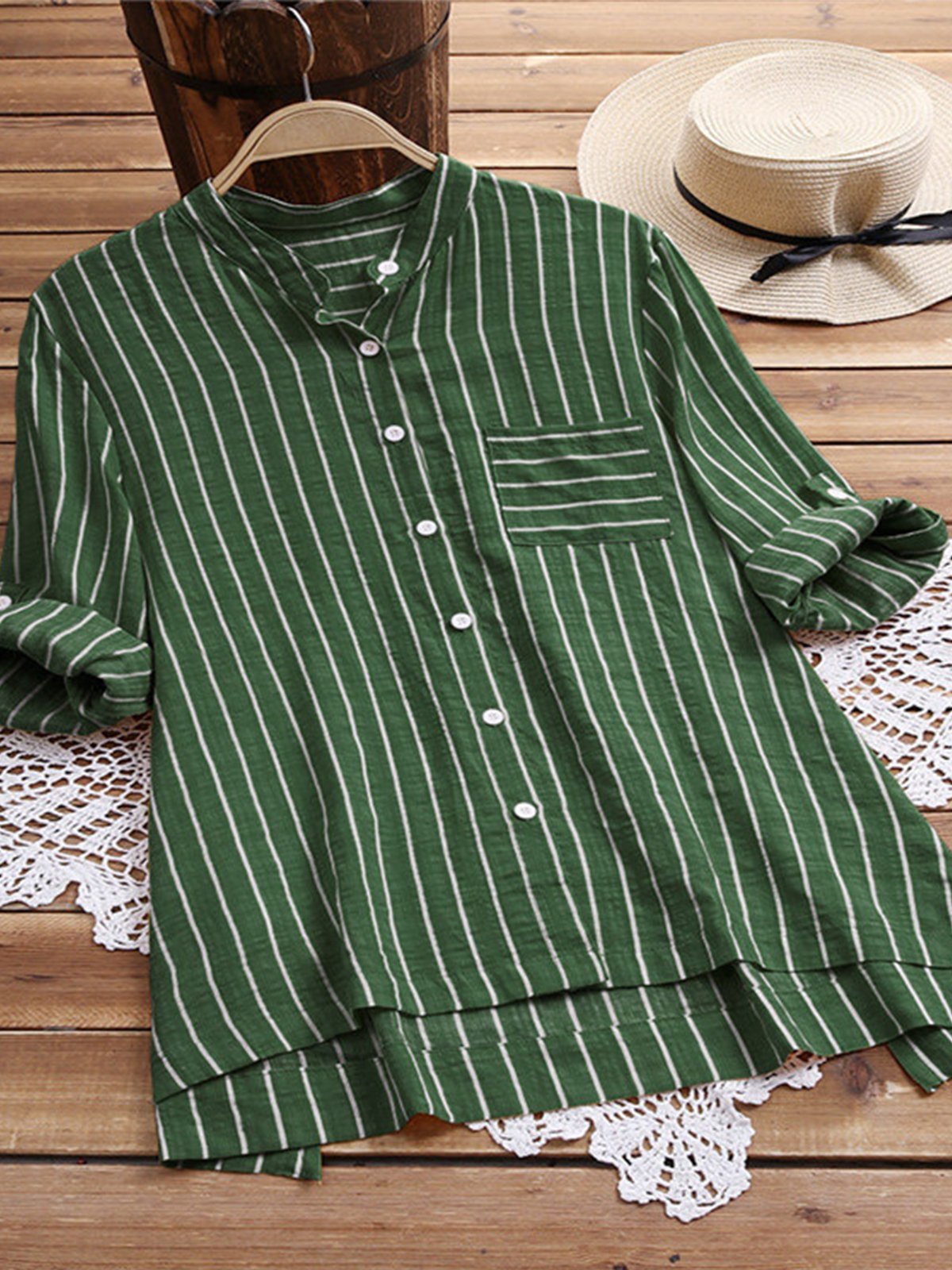 Stand Collar Long Sleeve Buttoned Shirts & Tops