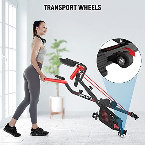 Pooboo Foldable Exercise Bike with Arm Resistance Bands- Black & Red