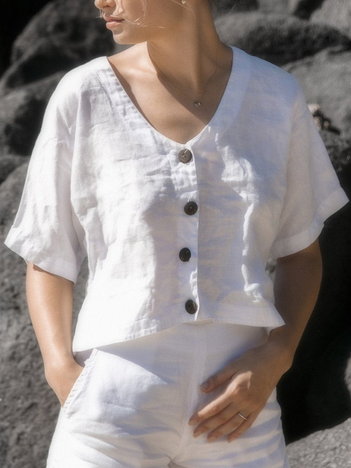 Plus Size Solid Casual V Neck Short Sleeve Tops