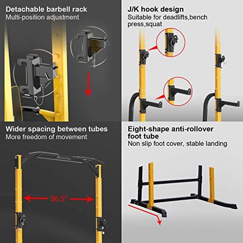 ZENOVA Power Rack Squat Rack Fitness Pull Up Bar Station Weightlifting Barbell Rack with J-Hooks, Dip Bar (Yellow)