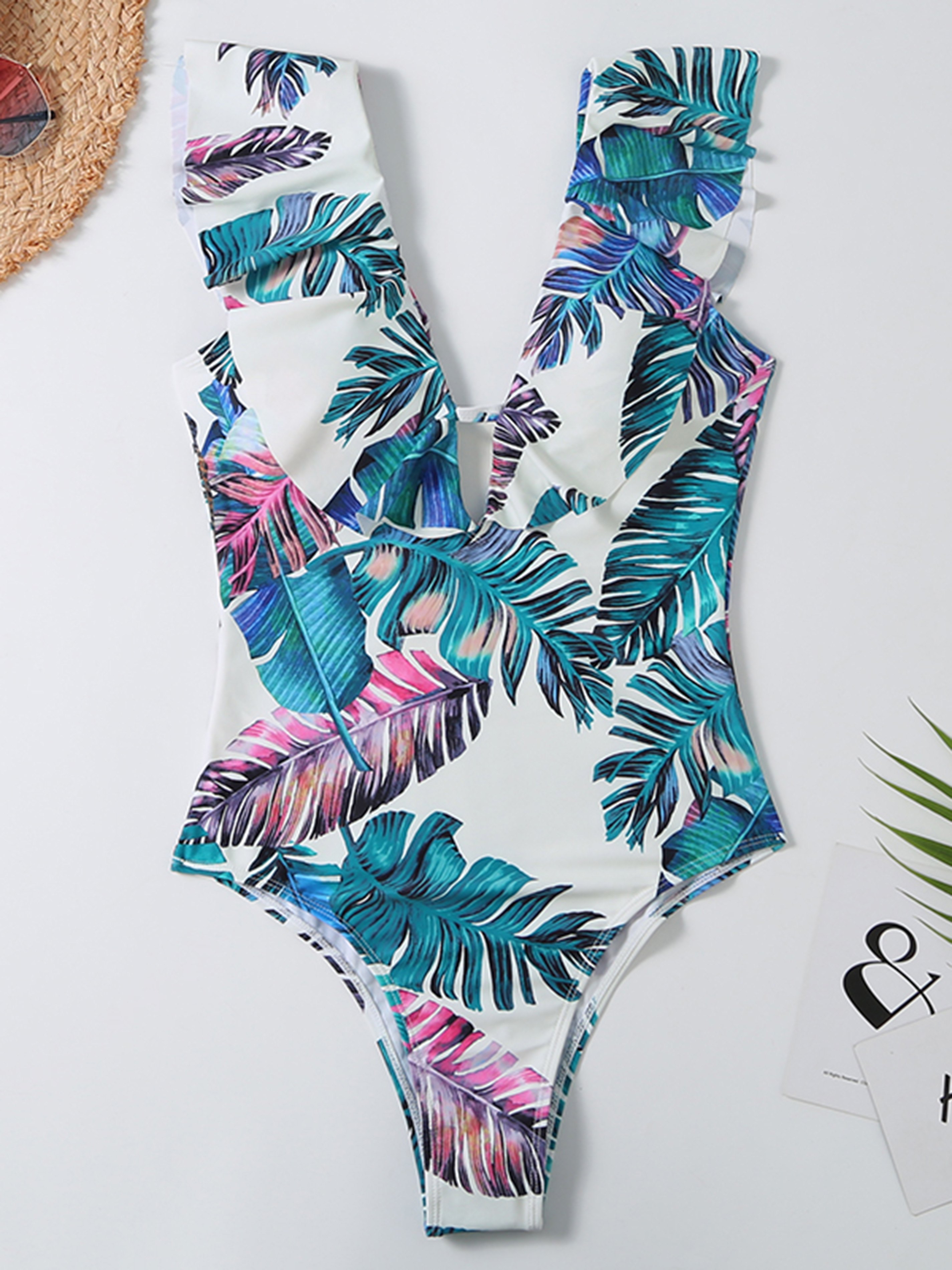 Leaf Printed Plunge Neck One-Piece Swimwear