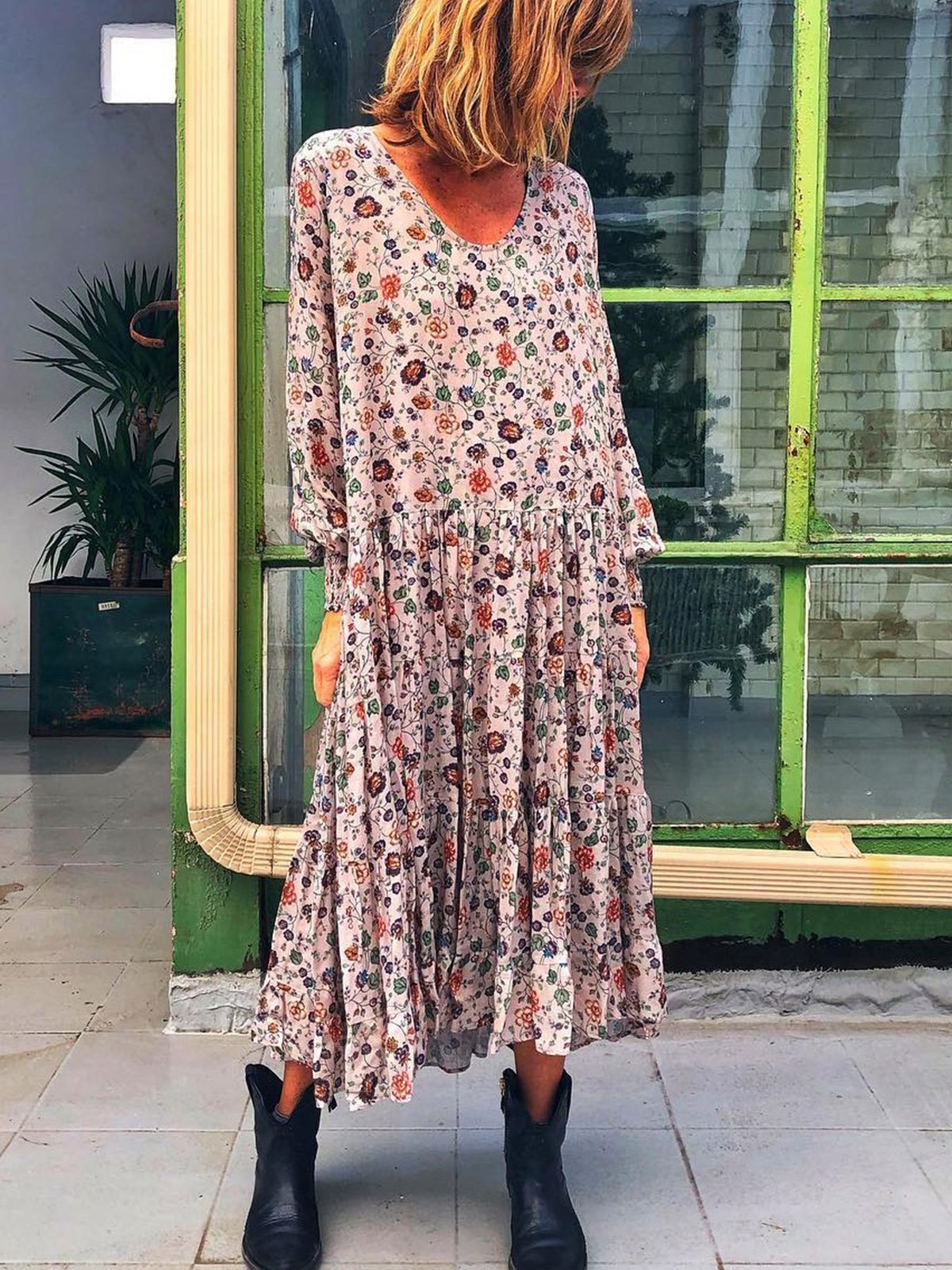 Plus Size long  Sleeve V-neck  Elegant Casual    Dress