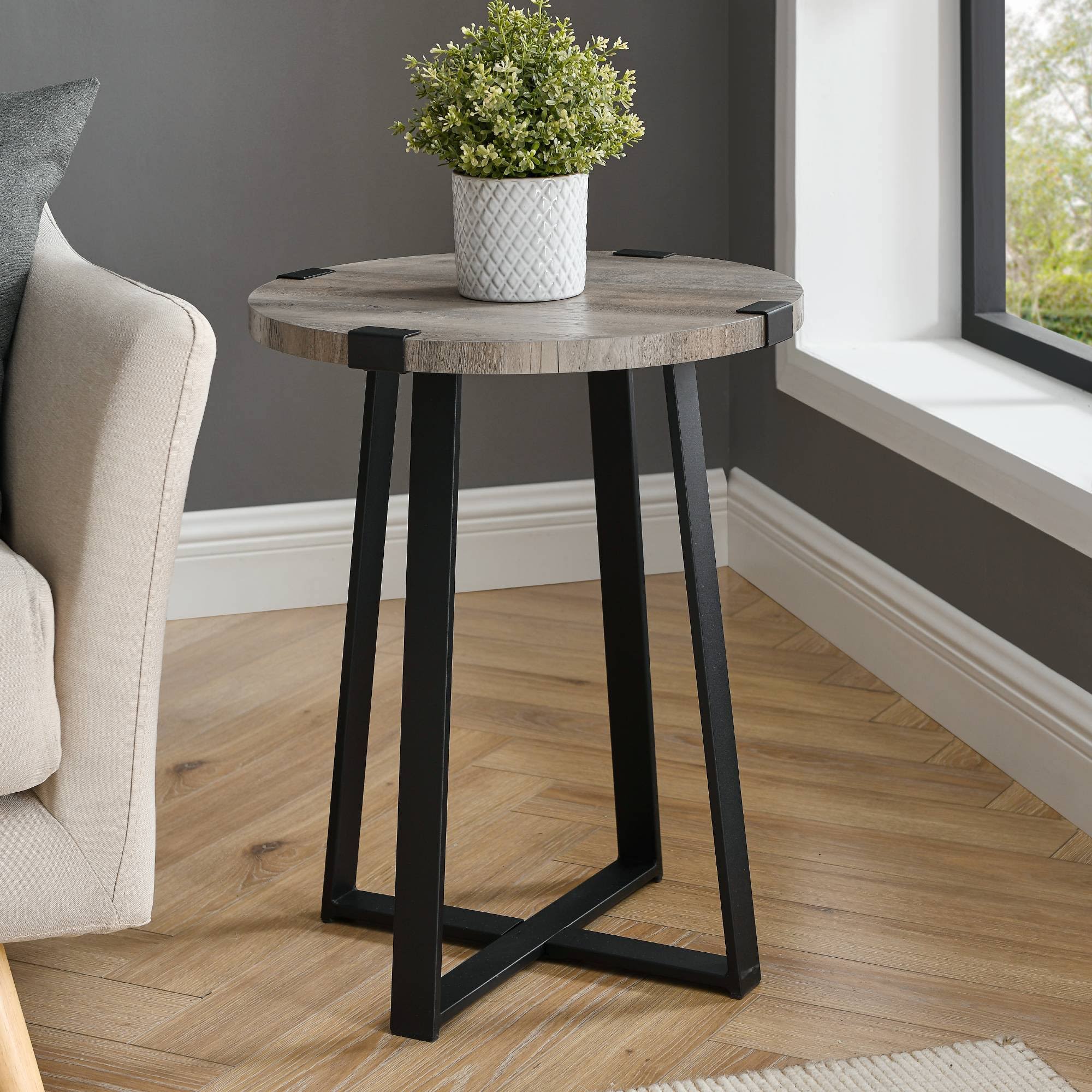 Wrightson Urban Industrial Faux Wrap Leg Round Side Table Gray Wash - Saracina Home