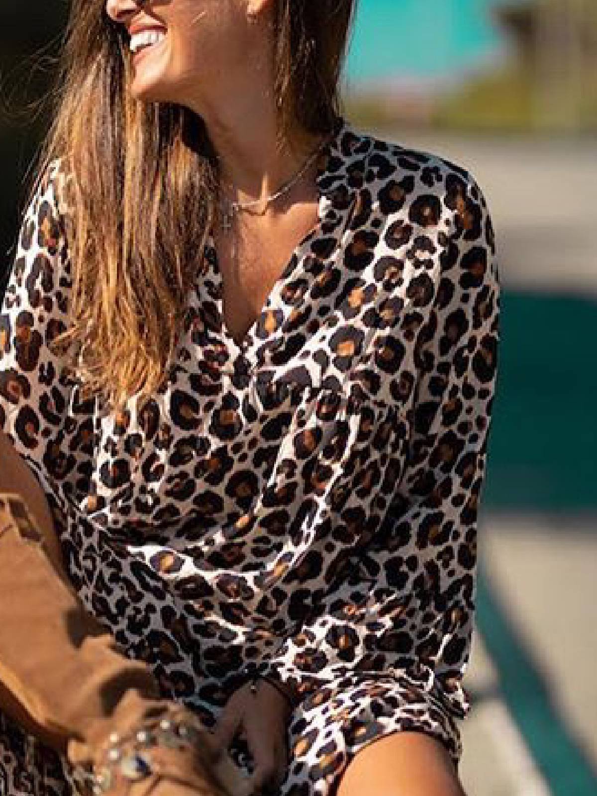 Khaki Floral-Print V Neck Long Sleeve Leopard Dresses