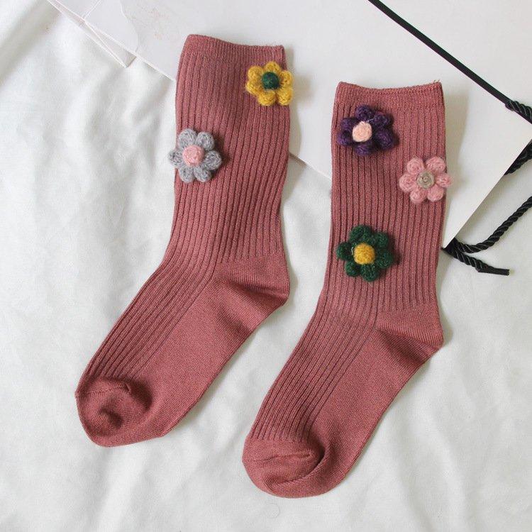 Three-dimensional flower cotton women's vertical tube socks