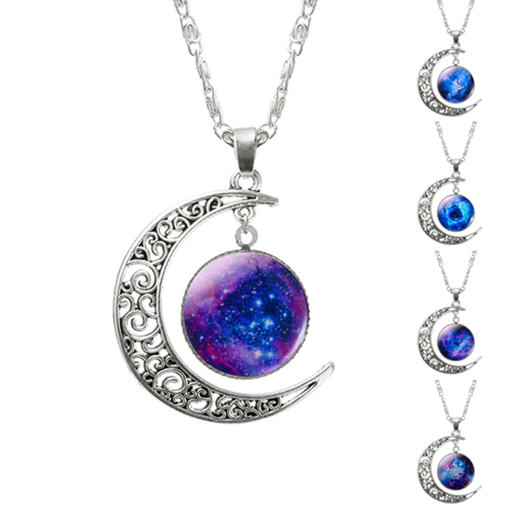 FAMSHIN 2018 New Hot Fashion Jewelry Choker Necklace Glass Galaxy Lovely Pendant Silver Chain Moon Necklace Free shipping