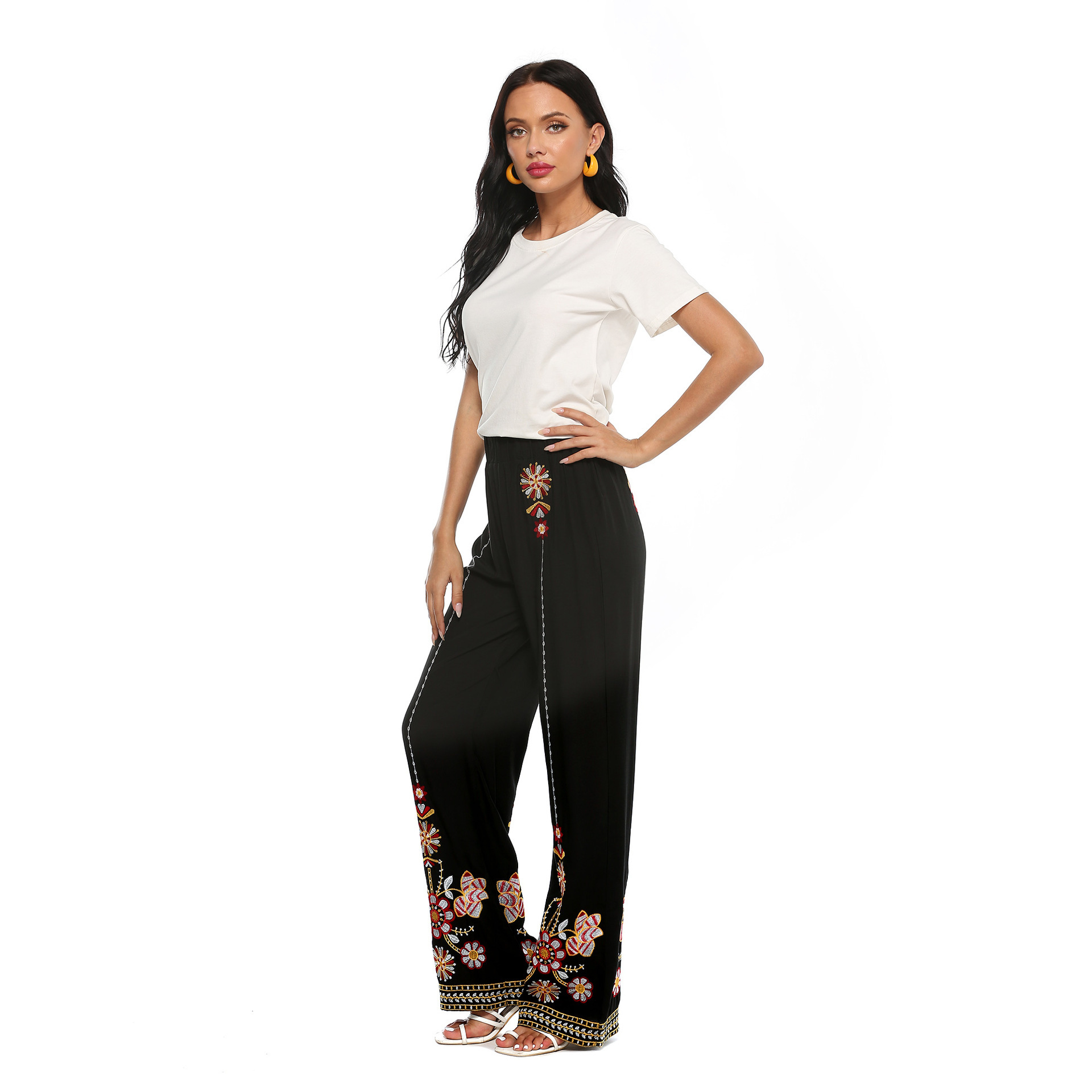 Women Pant Floral Embroidery Summer Casual Loose Elastic Waist Full Length Wide Leg Pants