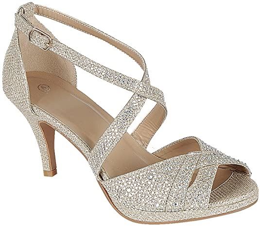 Toe Crisscross Ankle Strappy Glitter Crystal Rhinestone Mid Heel Sandal