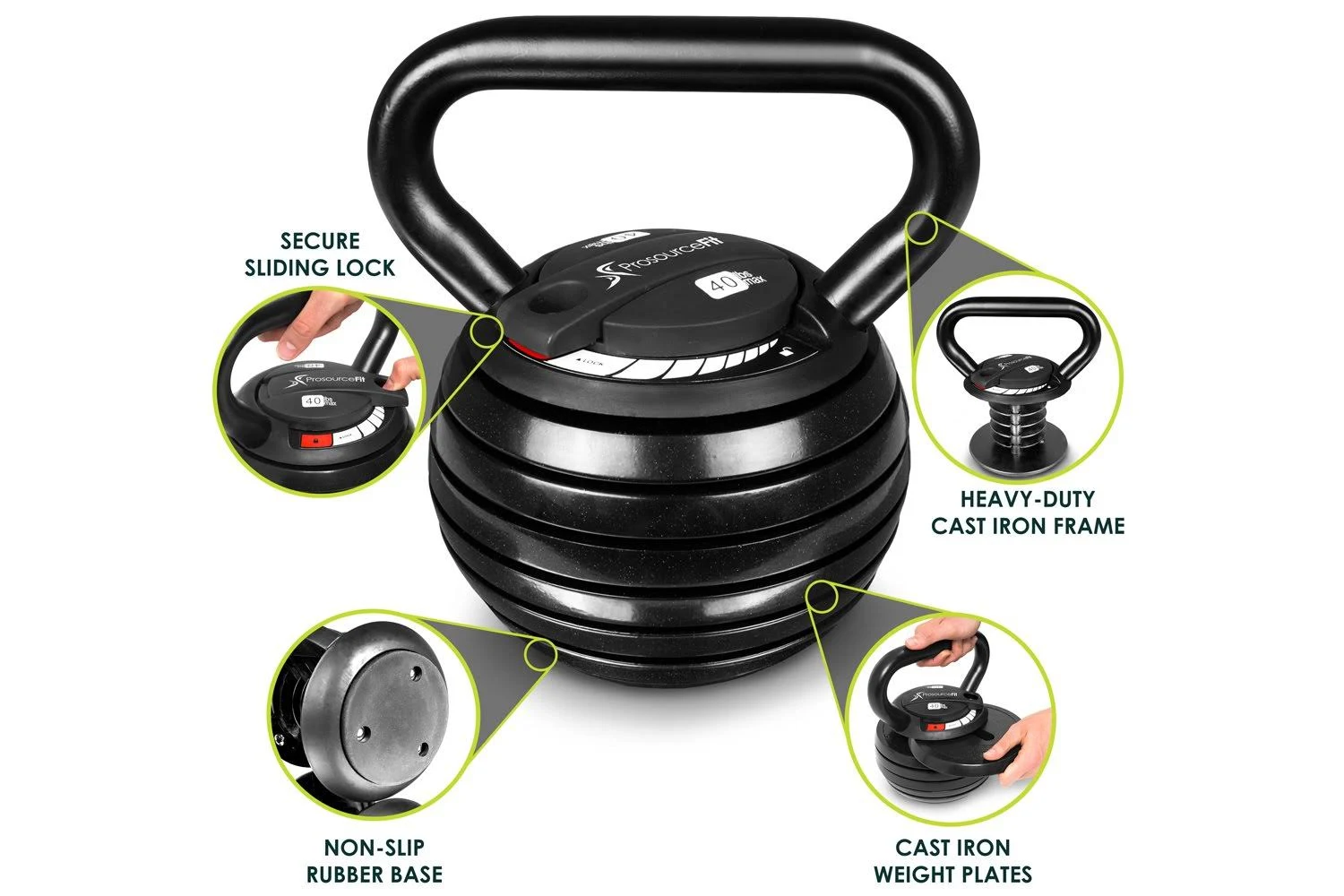 ProsourceFit Adjustable 40lb Cast Iron Kettlebell Weight Set for Home Gym Strength Training, Black