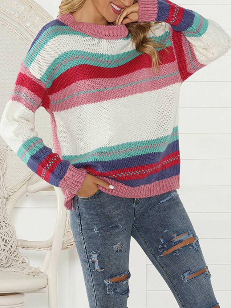 Casual Long Sleeve Colouring Striped Sweater