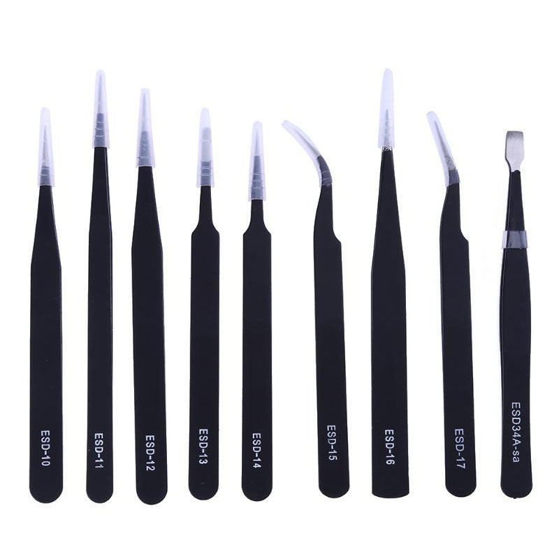 9pcs/lot Anti-static ESD Stainless Steel Tweezers for Phone Repairing Tools