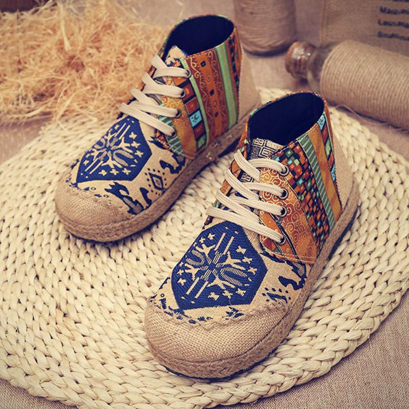 Vintage Colorful Pattern Lace Up Canvas Boots