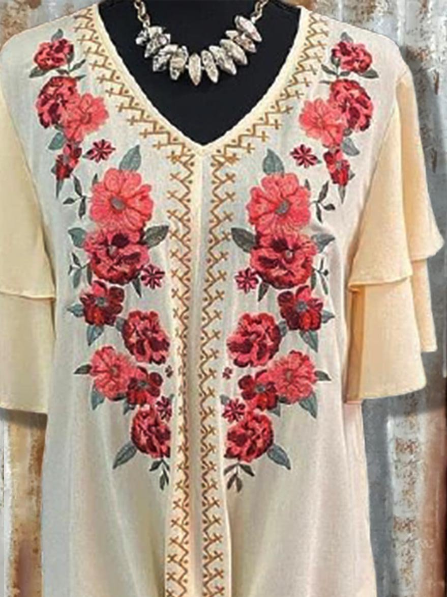 Cotton-Blend Holiday Short Sleeve V Neck Shirts & Tops