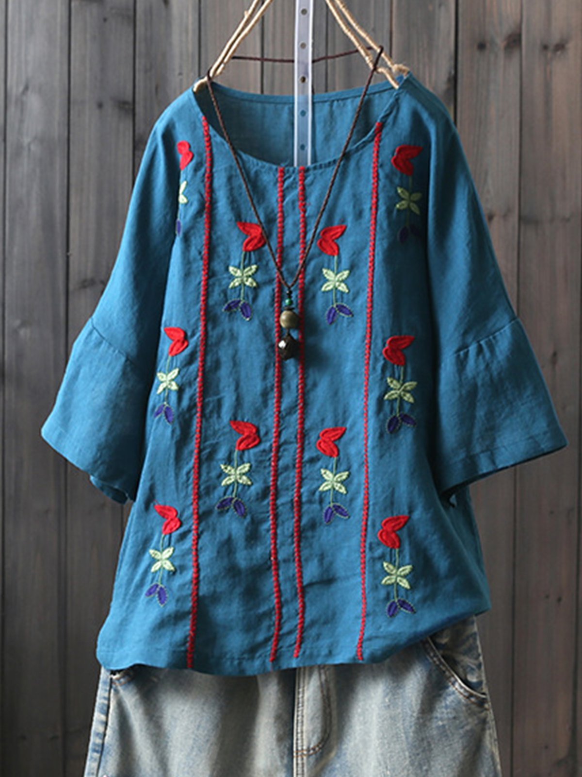 Round Neck Short Sleeve Vintage Shirts & Tops