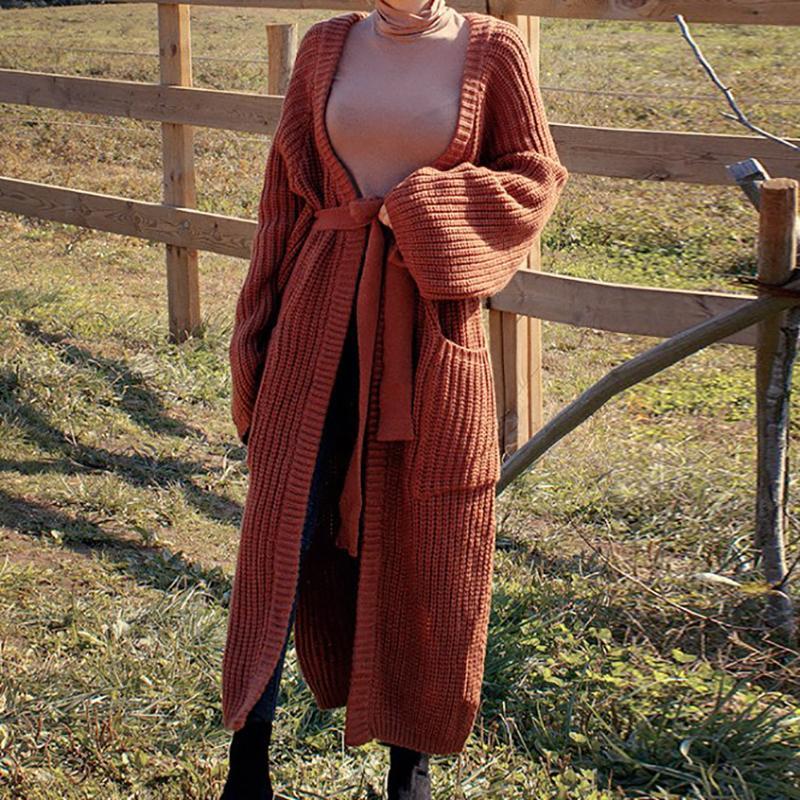 Fashion Pure Colour Warm Belted Knitted Coat