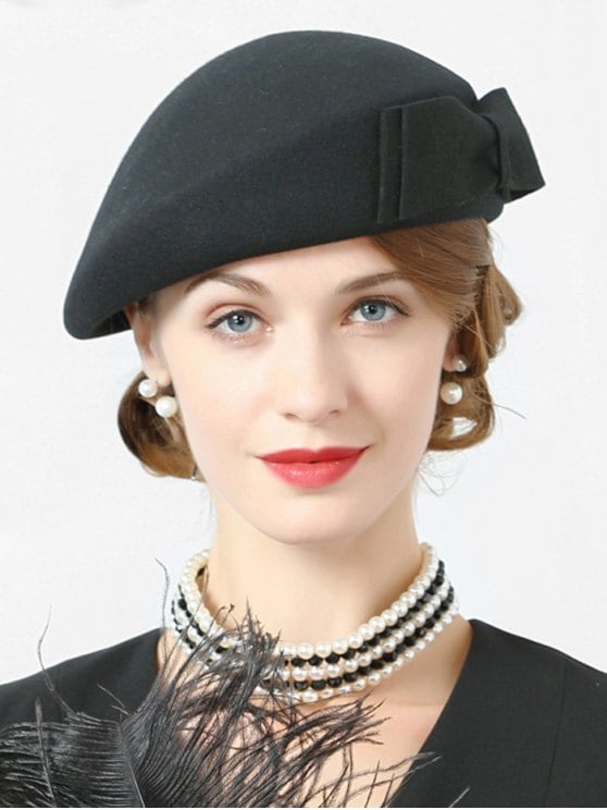 Bowknot Solid Color Elegant Beret - Black