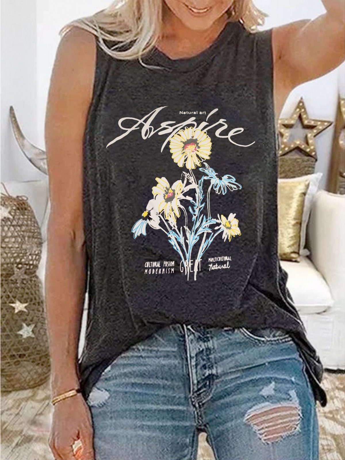 Casual summer loose sleeveless print T-shirt