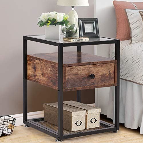 VECELO Modern Nightstand with Tempered Glass Top Hold up to 66 Pounds/Set of 2