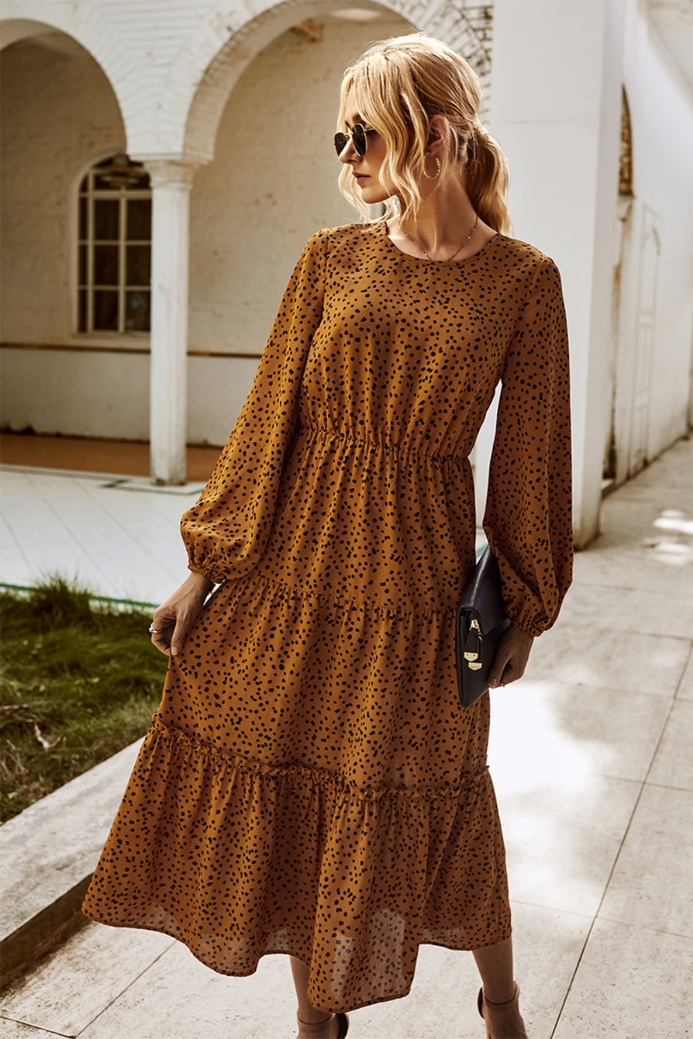 Fall Long Sleeve Square Dot Long Dress